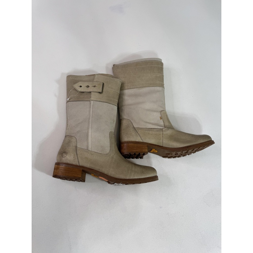 Timberland Boots Womens Size 8W Beige Leather Mid Calf Biker Lug Sole 20669